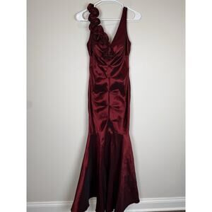 Y2k vintage Cache Mermaid Prom Gown V-neck Burgundy Red Floral Details Sz 6